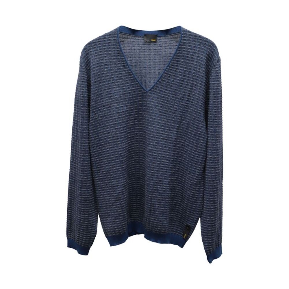 Fendi Knitted V-neck Sweater in Blue Wool